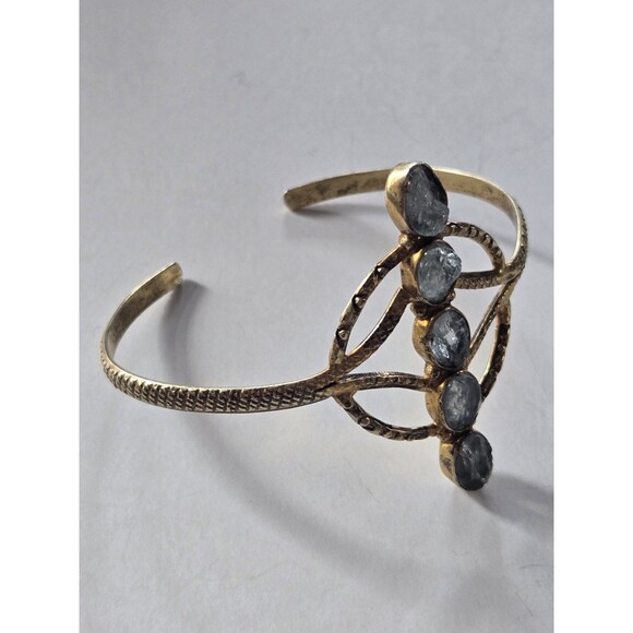 Vintage Gold-Tone 5 Stone Cuff Bracelet Textured Raw Uncut Gemstones Bezel Set - Picture 4 of 11
